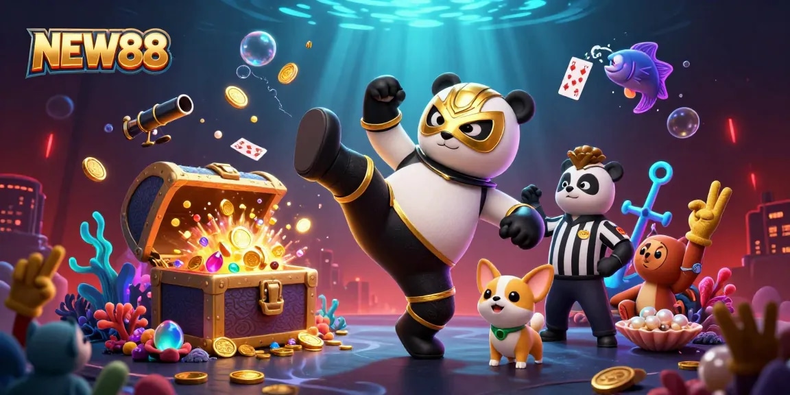 Experience thrilling moments at NEW88 with a dynamic wrestling panda and vibrant casino elements.