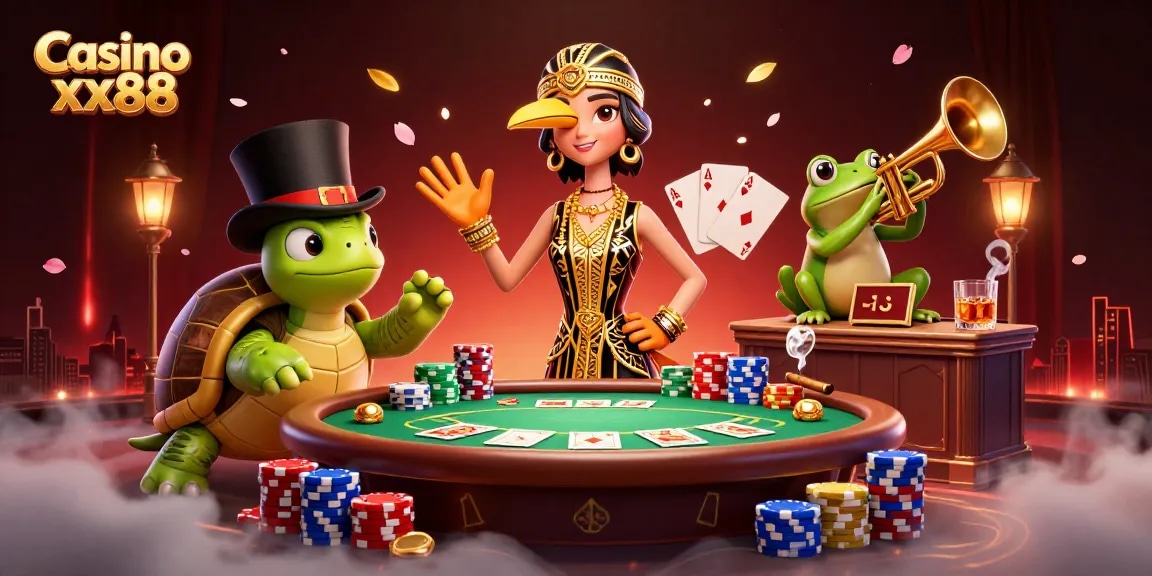 Experience thrilling gameplay at Casino xx88 with vibrant scenes of poker excitement and whimsical characters.