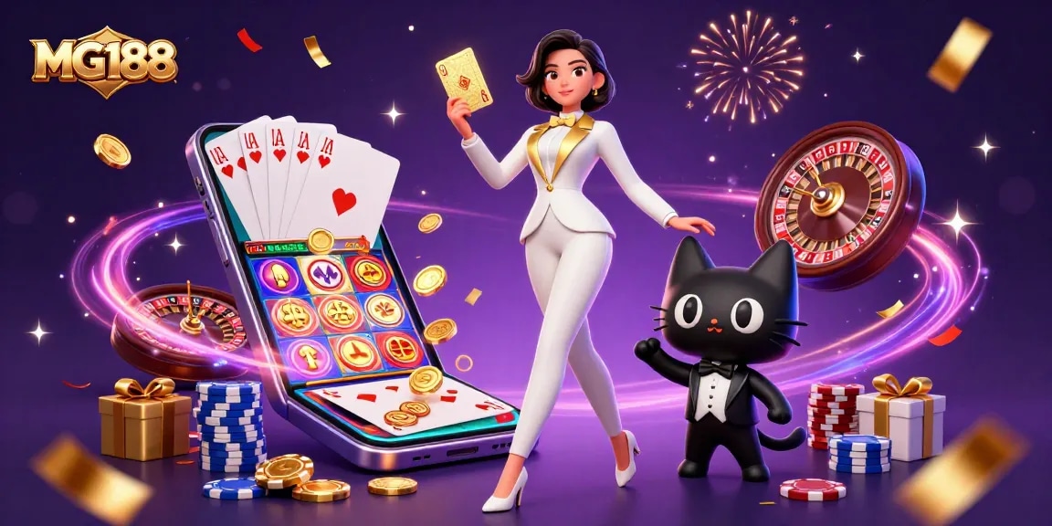 Experience excitement with MG188's glamorous casino scene featuring games and festive elements.