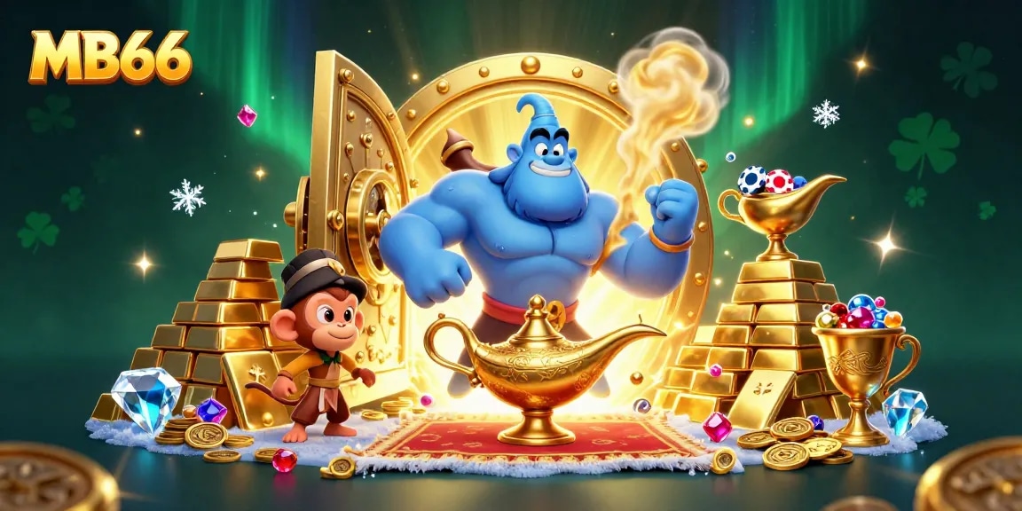 Experience the thrill of MB66 with a magical casino scene filled with vibrant characters and treasures.