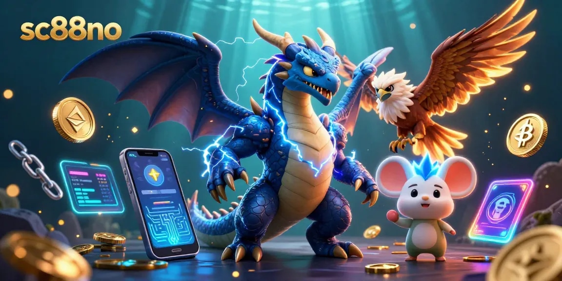 sc88no features a dynamic casino scene with vivid characters and cryptocurrency elements.