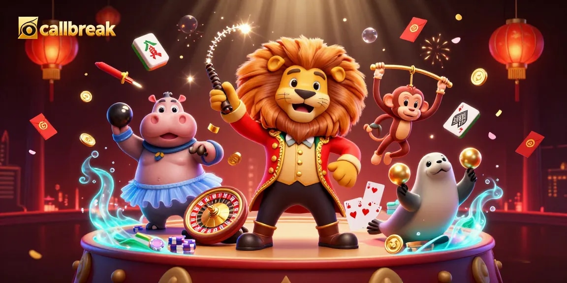 Experience callbreak with a vibrant 3D scene featuring a lively casino atmosphere and playful characters.