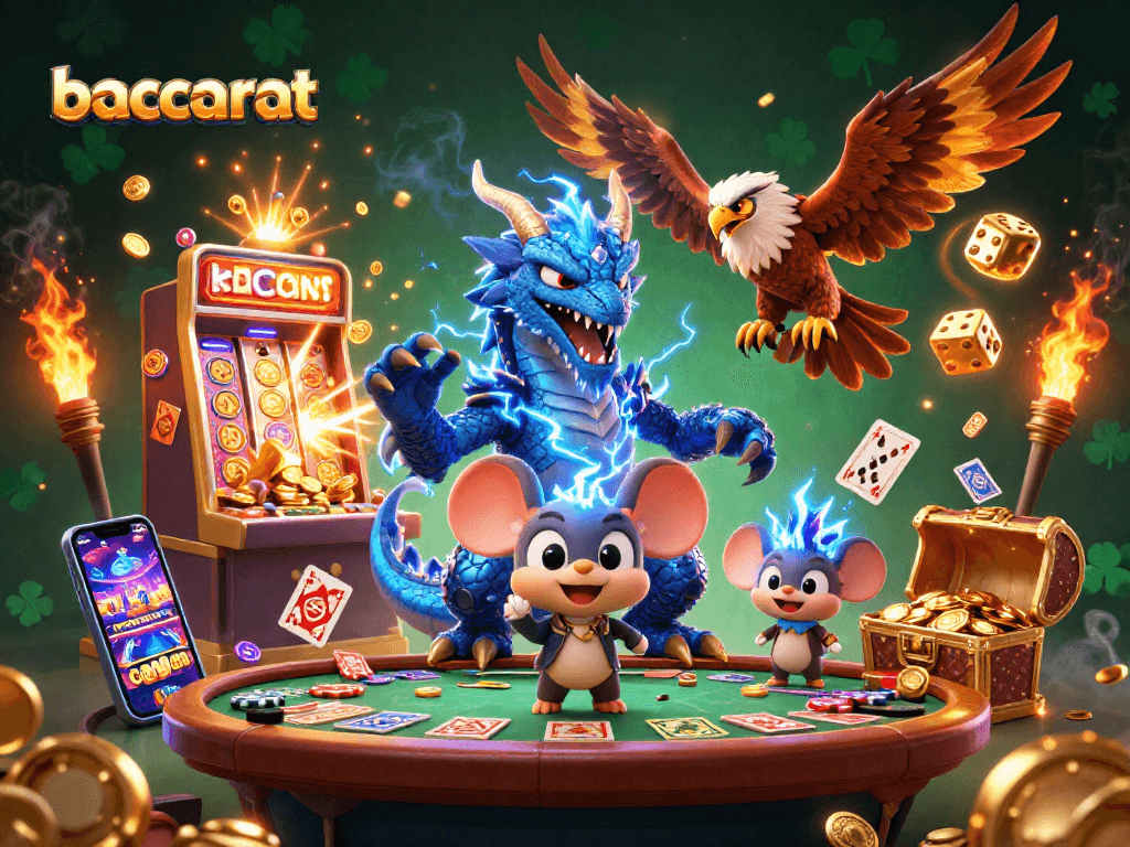 Baccarat gameplay featuring dynamic 3D characters amidst a vibrant casino scene with slot machines and golden chips.