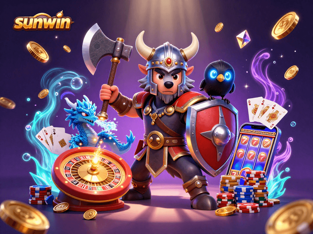 Experience the thrill of sunwin gaming with Viking warrior, dragon, and treasure in a dynamic casino scene.