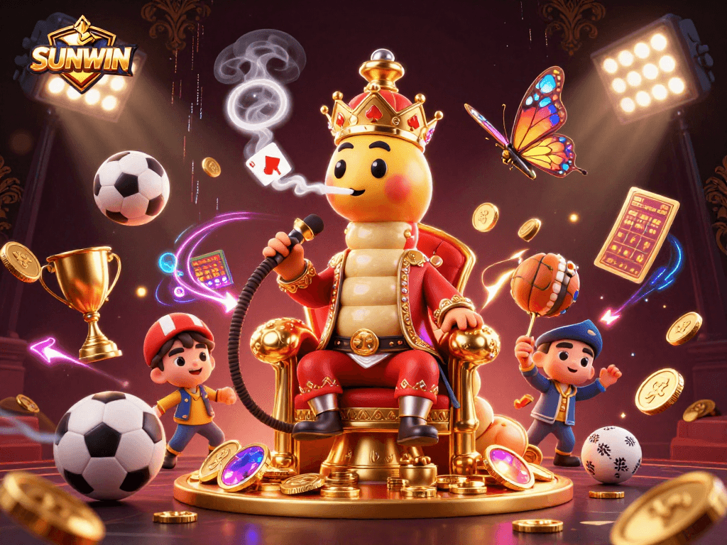 SUNWIN offers an engaging 3D casino illustration showcasing a caterpillar master and dynamic gambling elements.