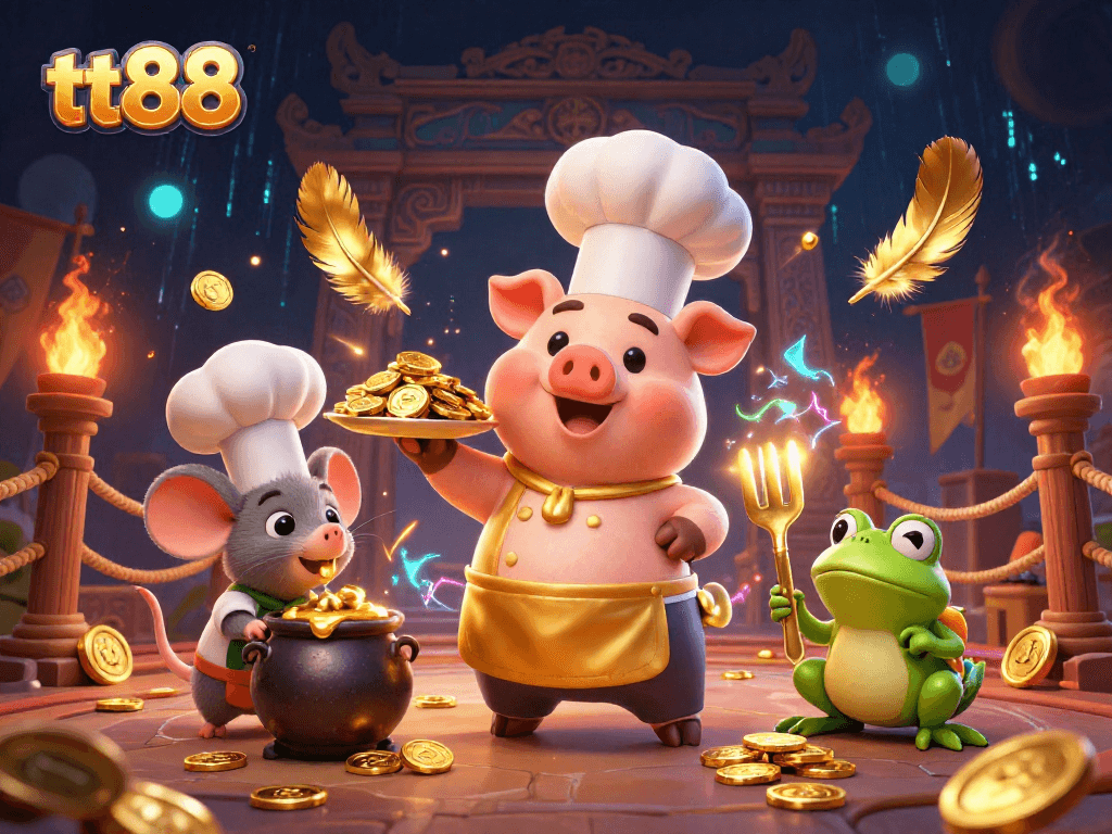 Engage with tt88 as a chef pig serves gold coins in a vibrant casino scene.