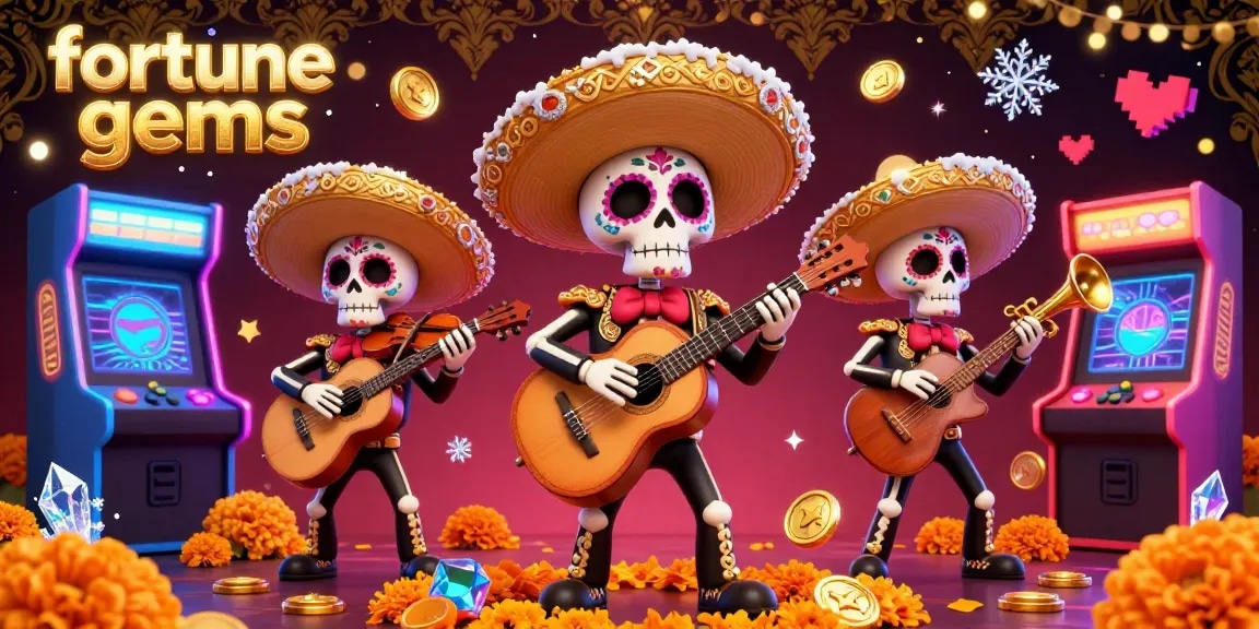 Experience fortune gems in action with 3D mariachi band surrounded by vibrant casino elements.