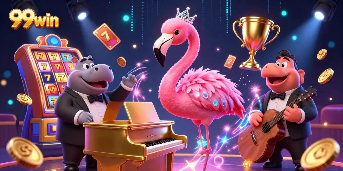 99win immerses players in a vibrant casino atmosphere with dynamic slot reels and lively characters.
