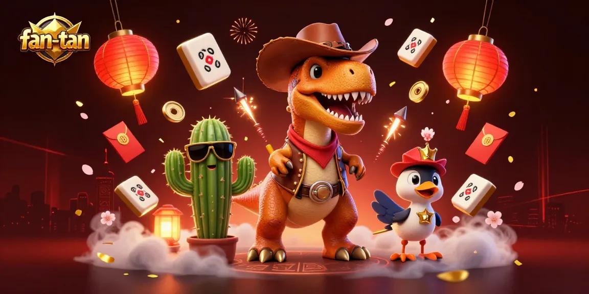 Play fan-tan with a vibrant scene featuring a cowboy T-Rex and festive elements.
