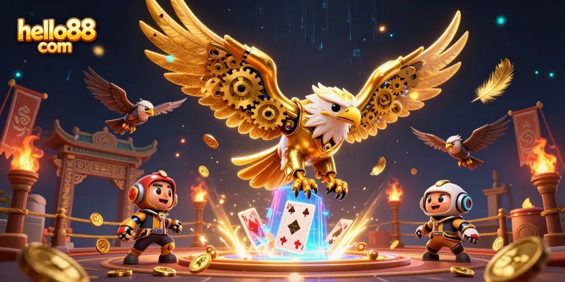 Experience thrilling gameplay with hello88 com as a golden eagle glides dynamically through holographic cards.