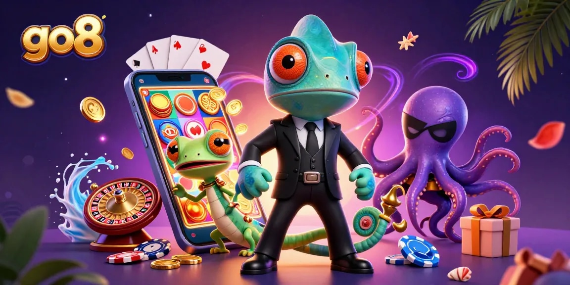 Engage with go8's colorful slot games as a chameleon character duels with an octopus.