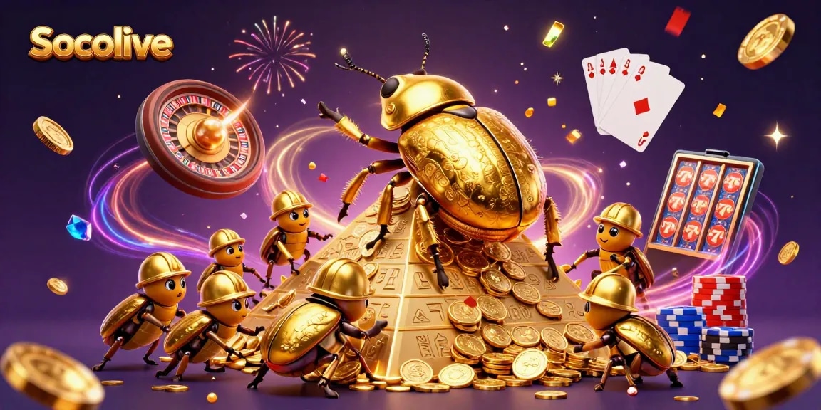 Socolive offers an exciting online casino experience with golden beetles rolling coins and festive elements.