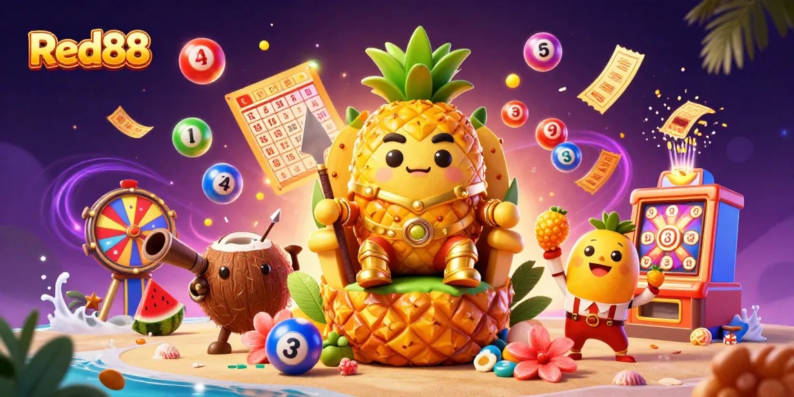 Red88 Casino features a lively golden pineapple king on a fruit throne amidst dynamic gaming excitement.