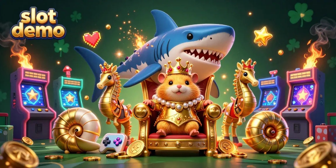 Slot demo yang menampilkan raja hamster emas dengan pengawal kuda laut di latar belakang mesin permainan.