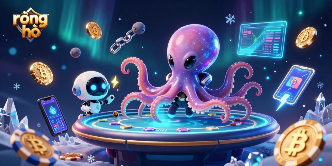 Experience exciting rồng hổ gameplay with a cosmic octopus at a holographic poker table, surrounded by crypto elements.