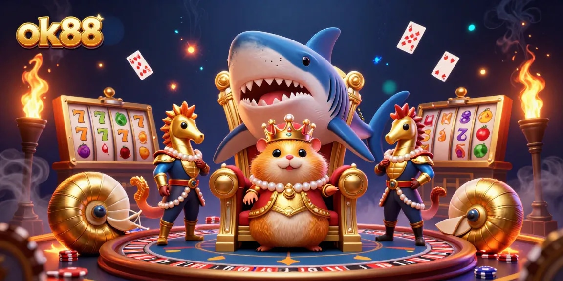 Engage with the vibrant ok88 casino atmosphere featuring a fierce hamster king amidst sparkling slot and roulette elements.