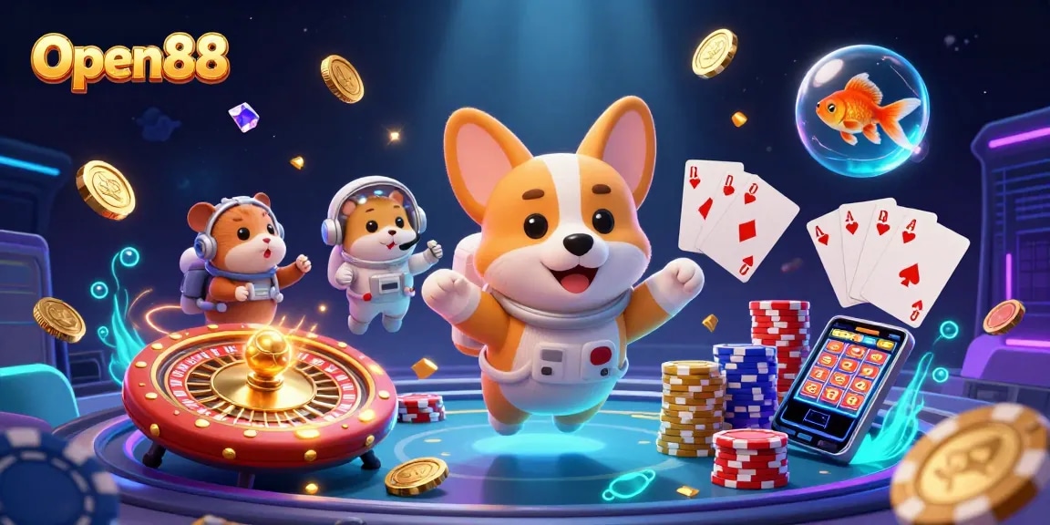 Open88 attracts gamers with a rich 3D casino scene featuring astronauts and floating chips.