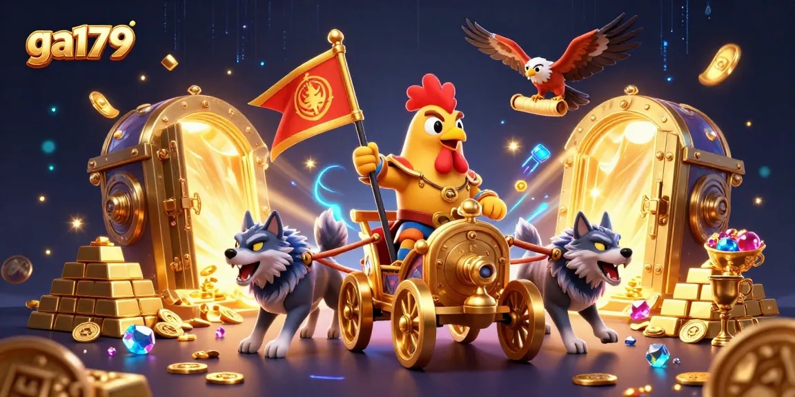 Experience thrilling ga179 cockfighting battles with a cartoon rooster warlord leading the charge.