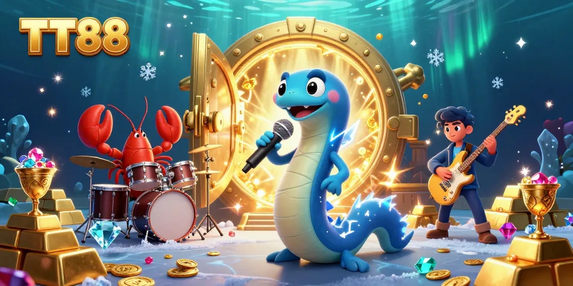 Experience the thrilling underwater world of TT88 with electric eel DJ surrounded by casino treasures.
