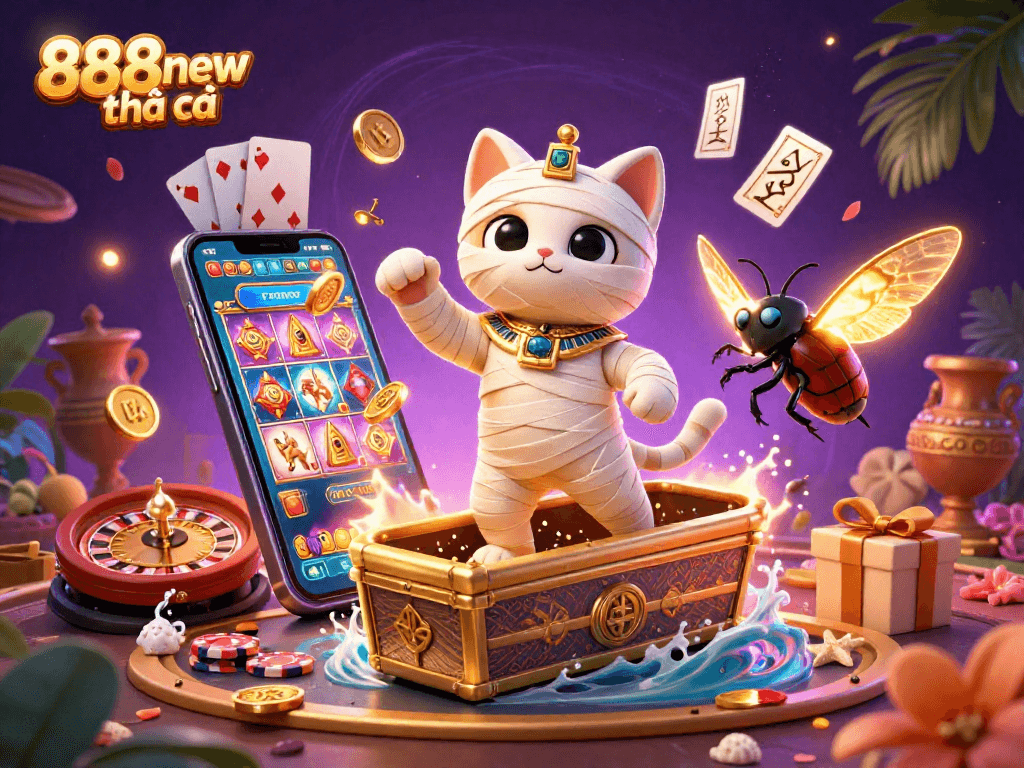 Experience thrilling fun with 888new nhà cái, featuring vibrant gaming elements and casino excitement in a dynamic illustration.