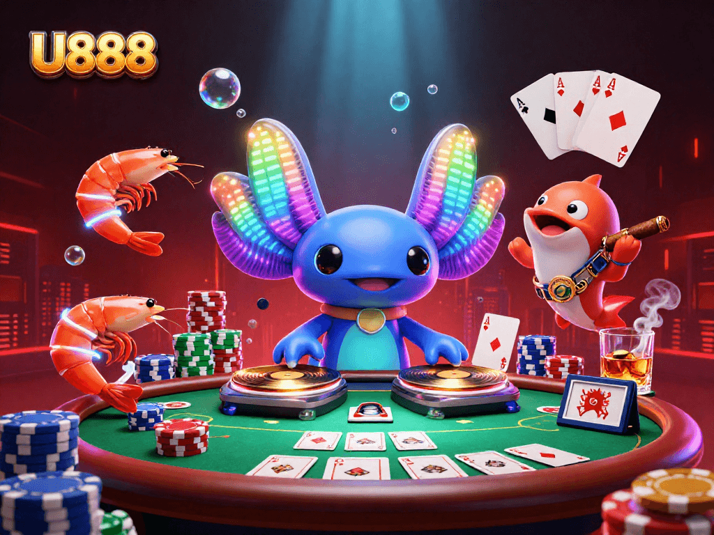 Engage with U888 as a colorful axolotl DJ spins at an underwater poker party, surrounded by lively game elements.