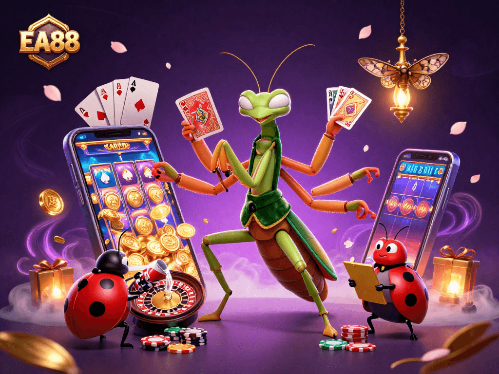 EA88's vibrant casino scene with a card sharp dealing and gaming elements scattered around.