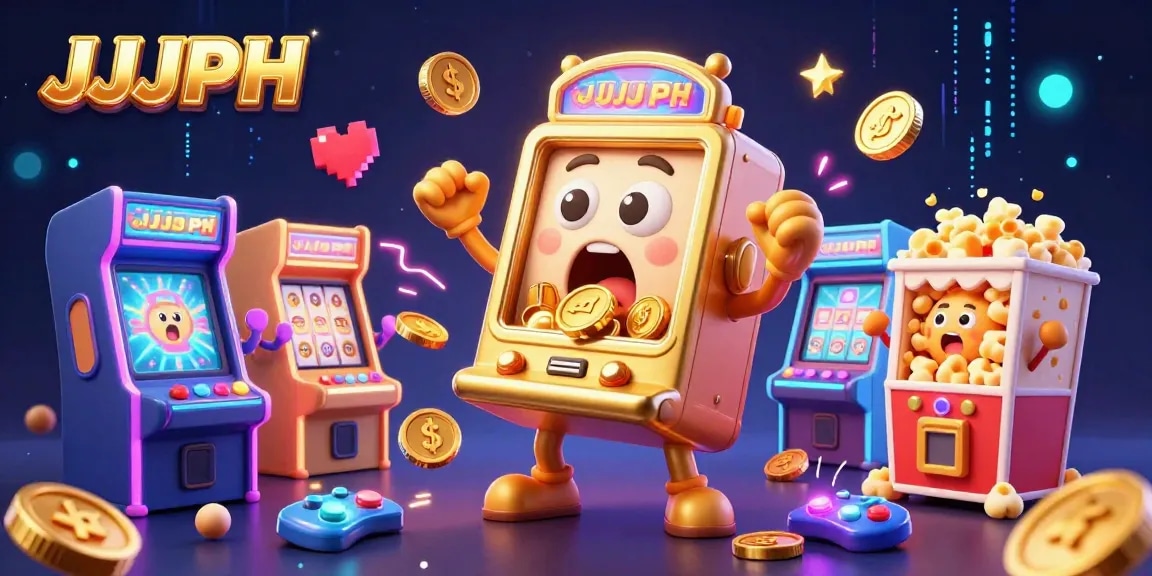 Experience the thrill of JJJPH as a golden slot machine hits a jackpot amid cheering baby machines.