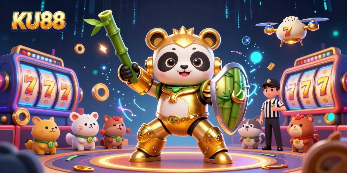 KU88 showcases vibrant slot reels and jackpot counters amid an energetic cartoon-style arena.