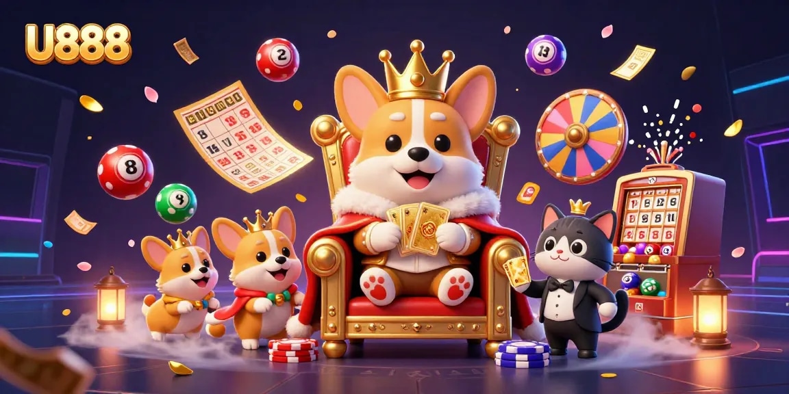 Experience the excitement of U888 with royal characters and vibrant lottery elements in a dazzling casino scene.