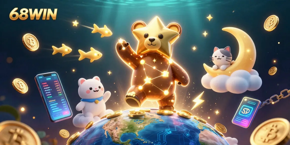 Experience the thrill of 68WIN with a vibrant 3D cosmic casino scene filled with glowing coins and exciting visuals.