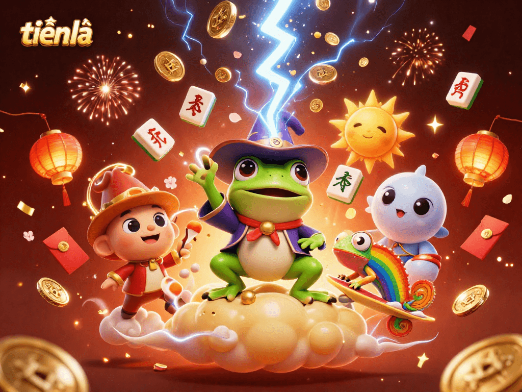 Win big at tiến lên with golden coins, mahjong elements, and vibrant celebration effects.