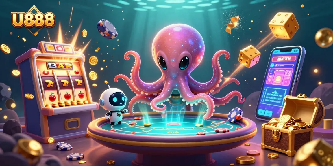 U888 alien octopus engaging in colorful casino action with poker and jackpot elements