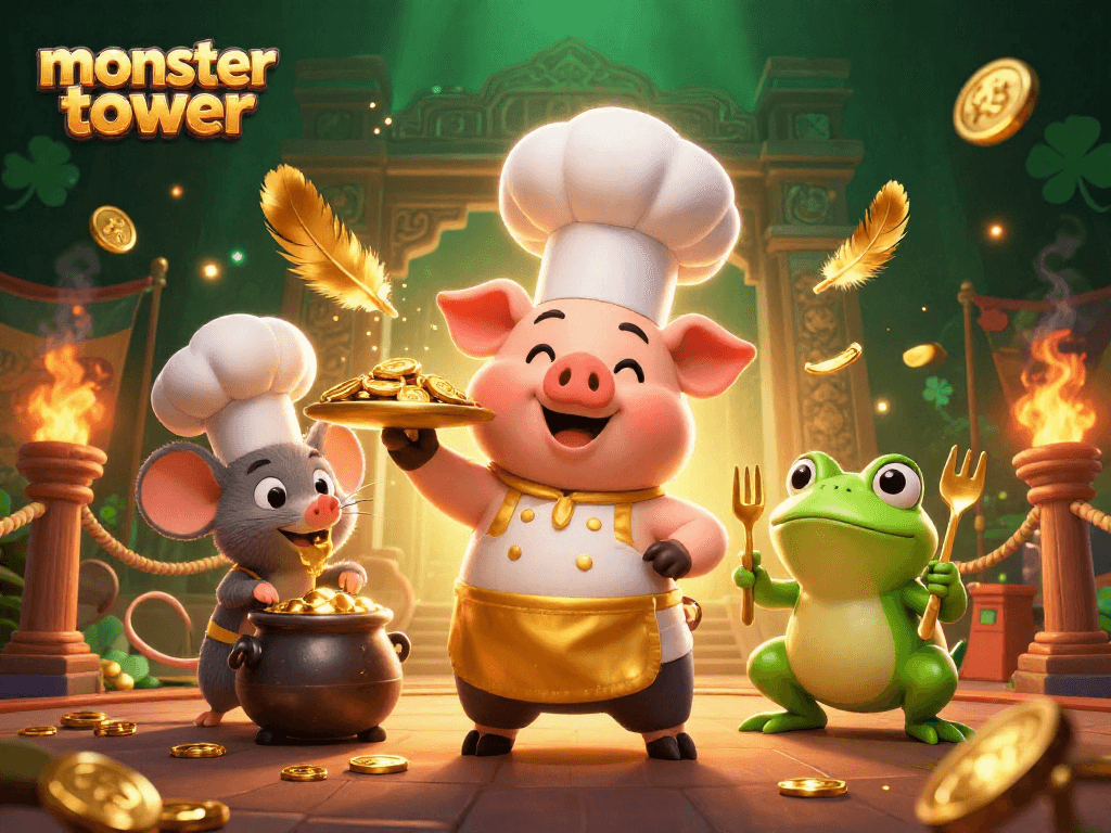Experience the thrill of monster tower with a 3D illustration featuring a chef pig serving gold coins in an action-packed casino setting.