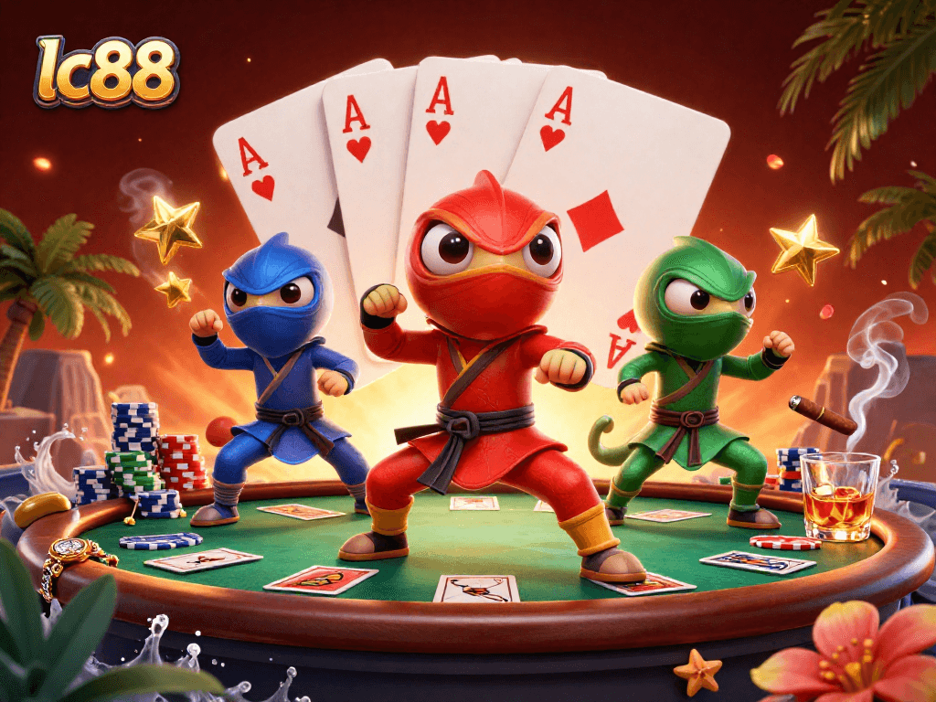 Engage in casino action with lc88 as vibrant ninja chameleons showcase their poker skills.