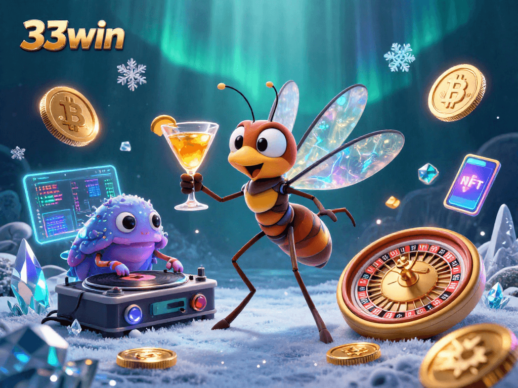 Engage with 33win's vibrant casino scene featuring a cartoon mosquito mascot, trilobite DJ, and golden roulette wheel.