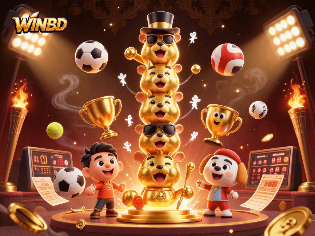 Engage with WINBD's vibrant casino experience featuring a dynamic 3D totem and sports betting elements.