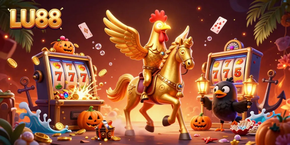 LU88 players enjoy vibrant casino action with golden rooster and floating slots.