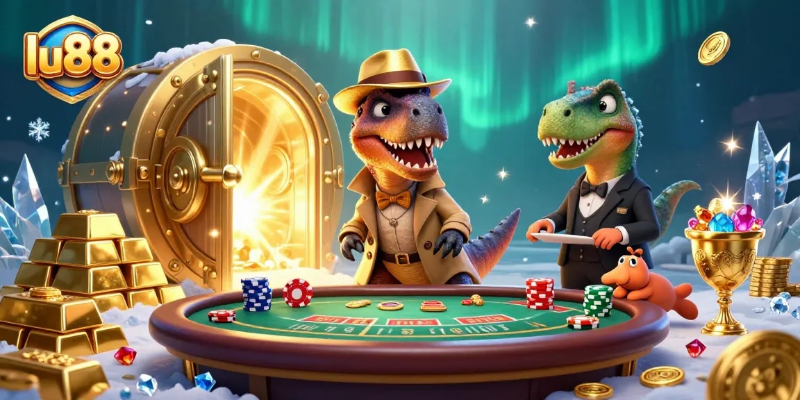 lu88 velociraptor card counter and friends at a blackjack table, surrounded by casino treasures