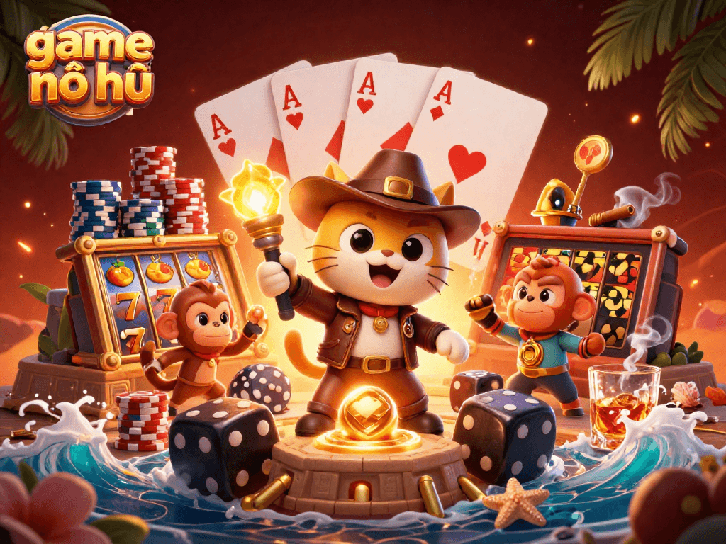 Experience game nổ hũ with a cartoon archaeologist cat discovering golden artifacts in a vibrant casino temple.