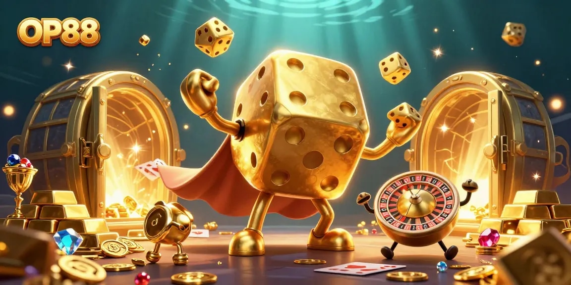 Engage with OP88's unique casino adventure featuring a golden dice golem and treasures.