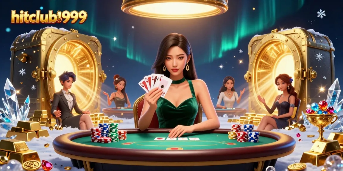 Experience excitement at hitclub9999 as a beautiful Asian woman plays cards at a luxury poker table.
