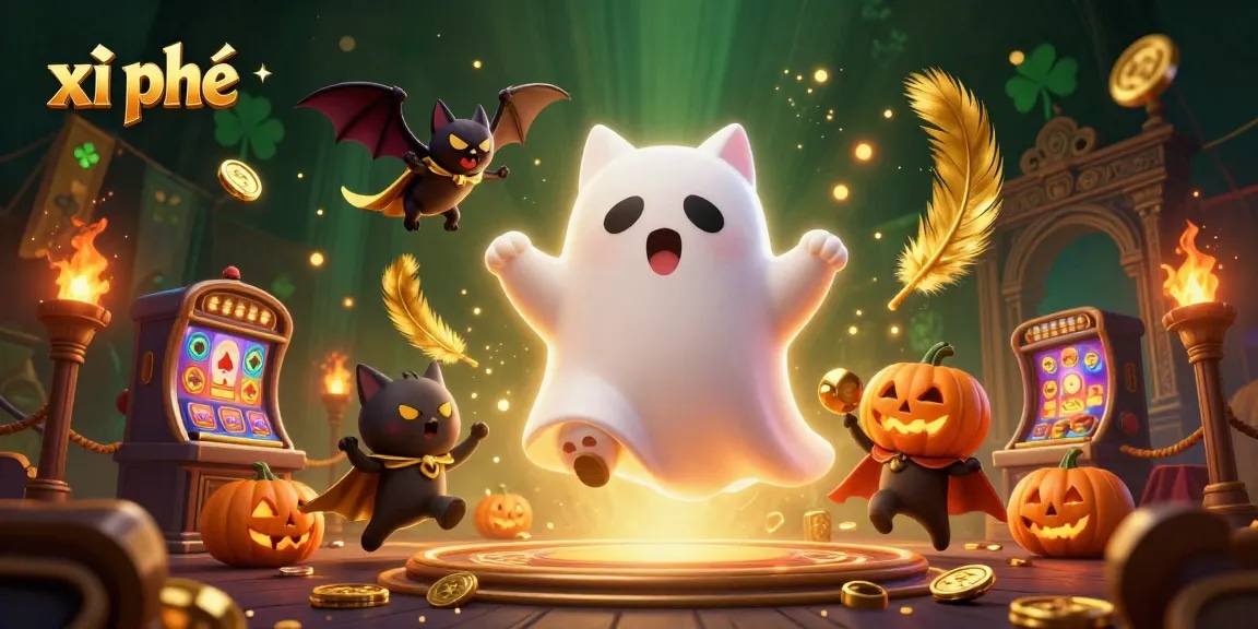 Play xì phé with a ghost cat and a vampire bat in a haunted casino scene filled with vibrant elements.