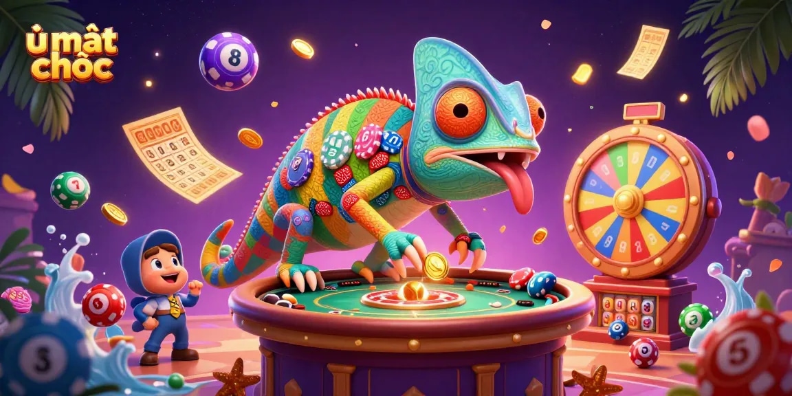 Experience the excitement of ù mạt chược with vibrant casino elements, including a chameleon casino owner and dazzling lottery balls.