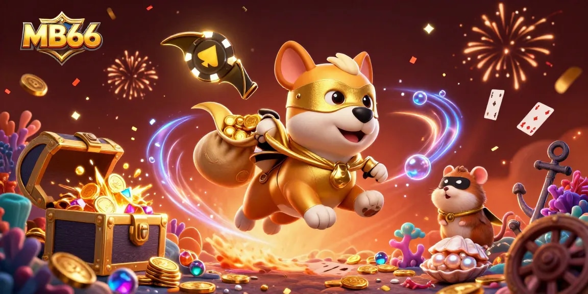 Engage in the excitement of MB66 as a superhero dog flies through a vibrant casino scene.