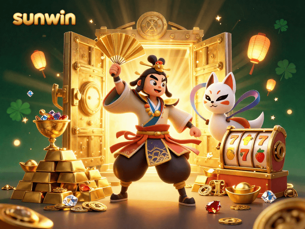 Win big with sunwin at this vibrant 3D casino illustration featuring jackpots and lucky symbols.