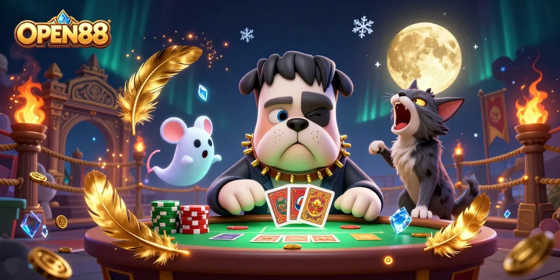 Experience thrilling gambling action at OPEN88 with lively characters and festive casino elements.