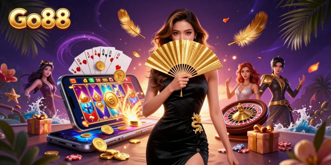 Experience the excitement at Go88 with a stunning Asian casino scene featuring slot games and golden rewards.
