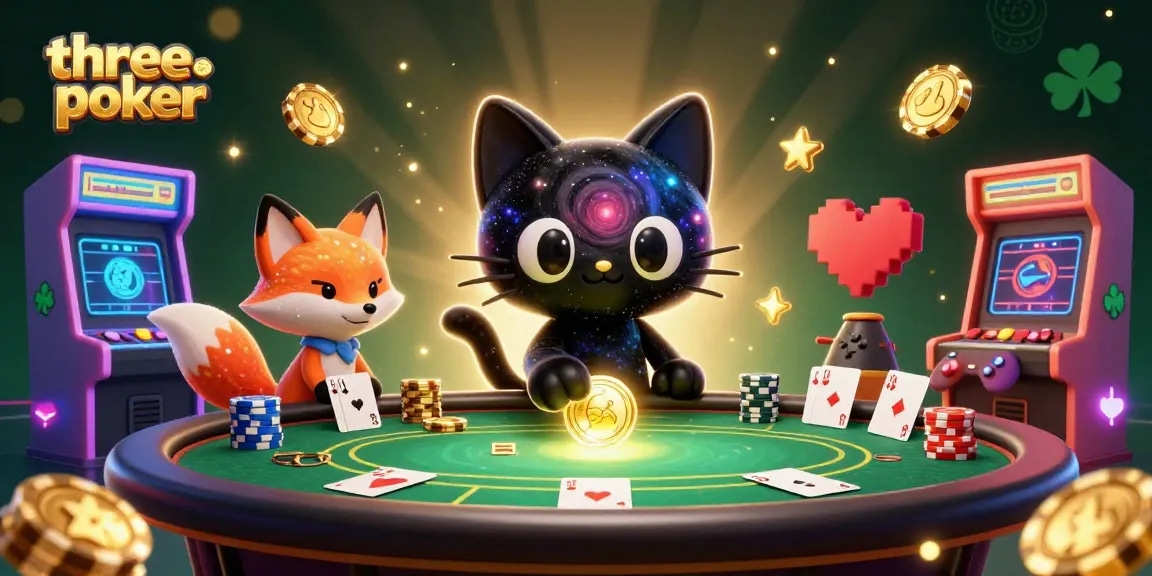 Engage in three card poker excitement at a vibrant casino scene with cosmic elements.