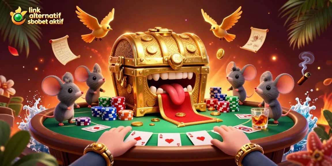 Place bets on link alternatif sbobet aktif with energetic poker elements and dynamic treasure chest scene.