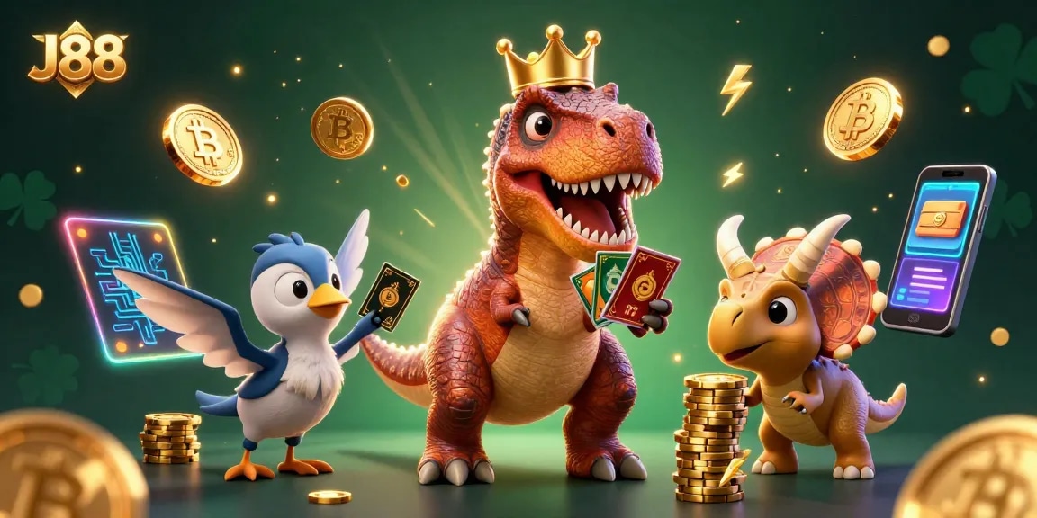 Engage with J88 casino excitement featuring a T-Rex handling cards and a triceratops stacking chips.